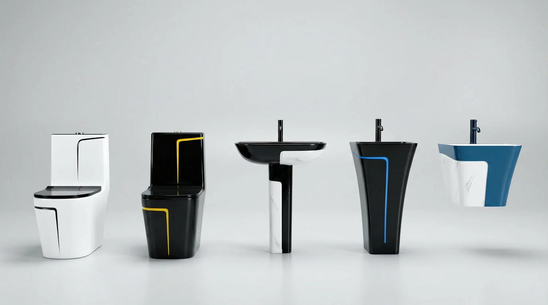 Modern Indian bathroom with floor mounted western commode and ceramic tiles